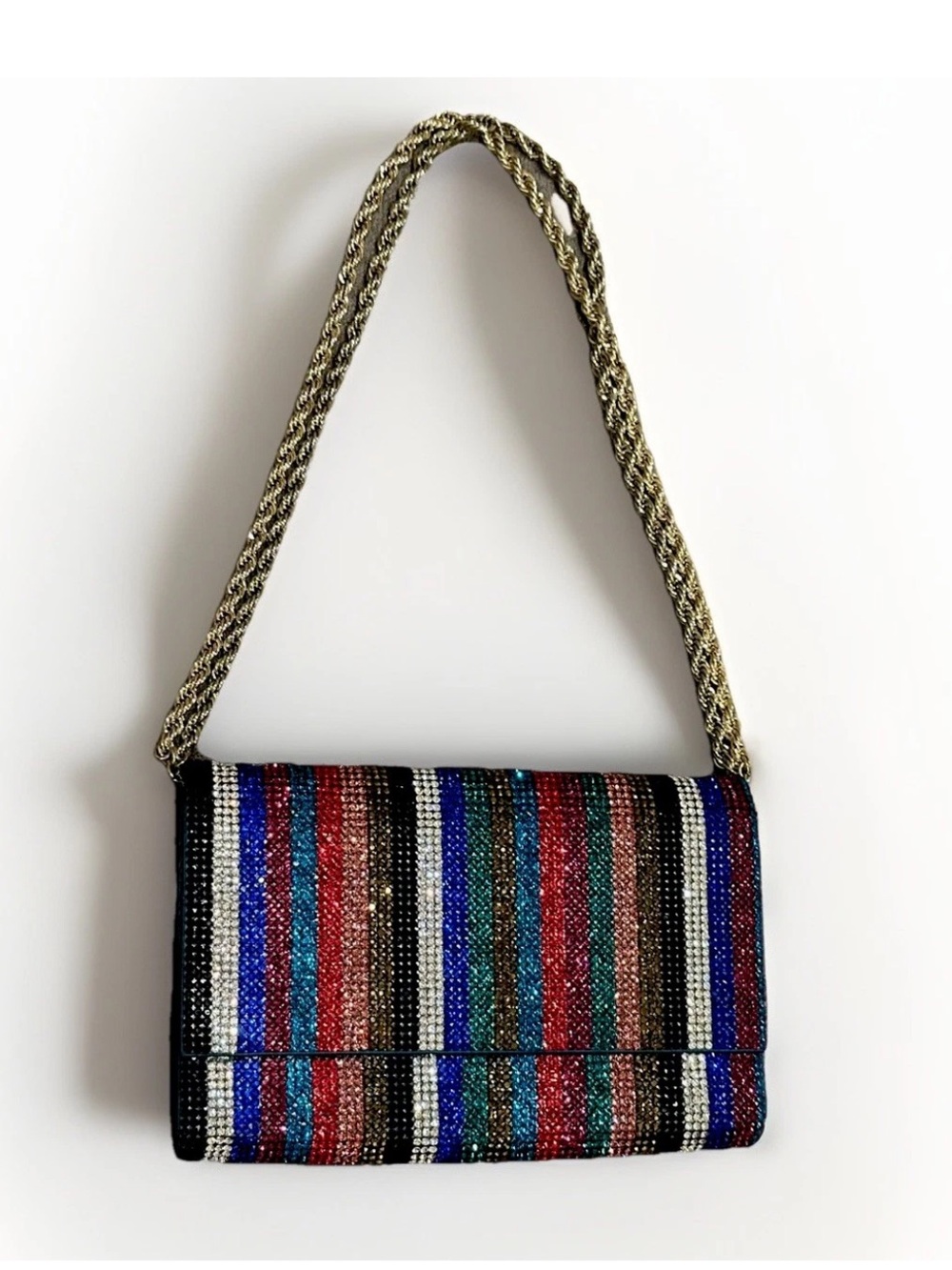 Judith Leiber Multicolor Striped Beaded Clutch with Gold Chain